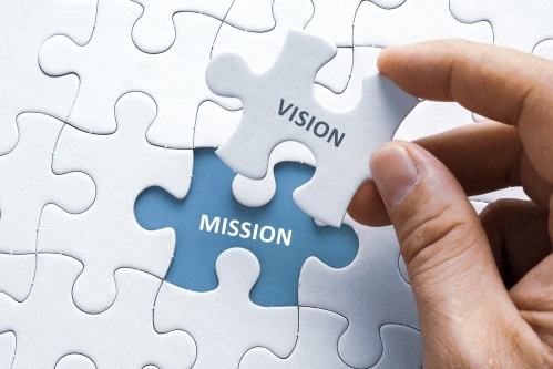 Puzzelstukjes met de woorden visie en missie.