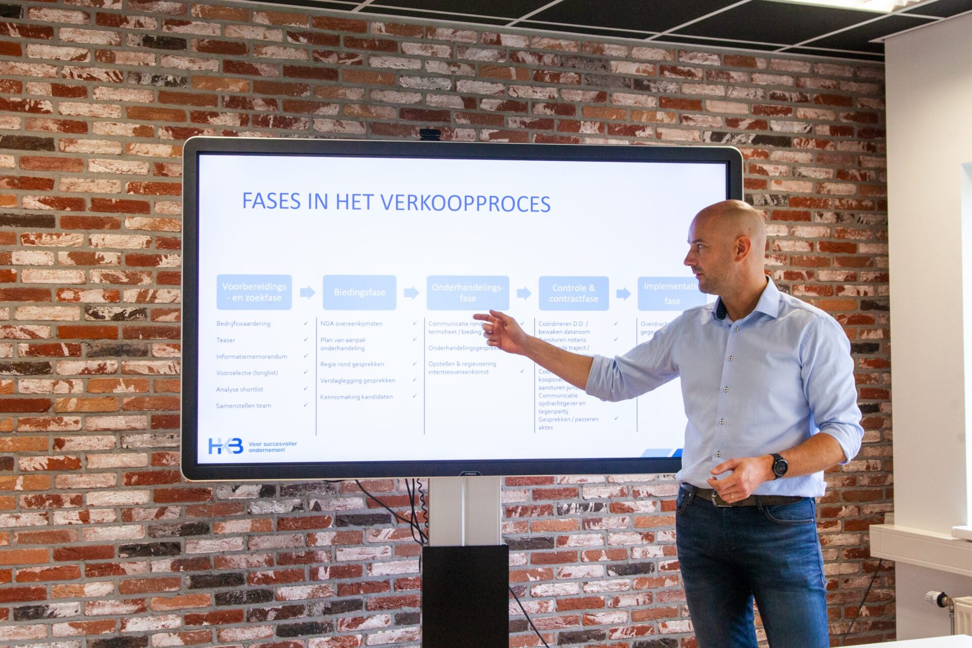 Presentatie over verkoopproces op groot scherm.