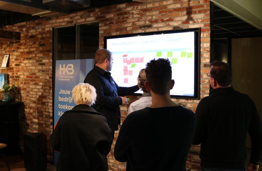 Presentatie voor groep bij interactief scherm.